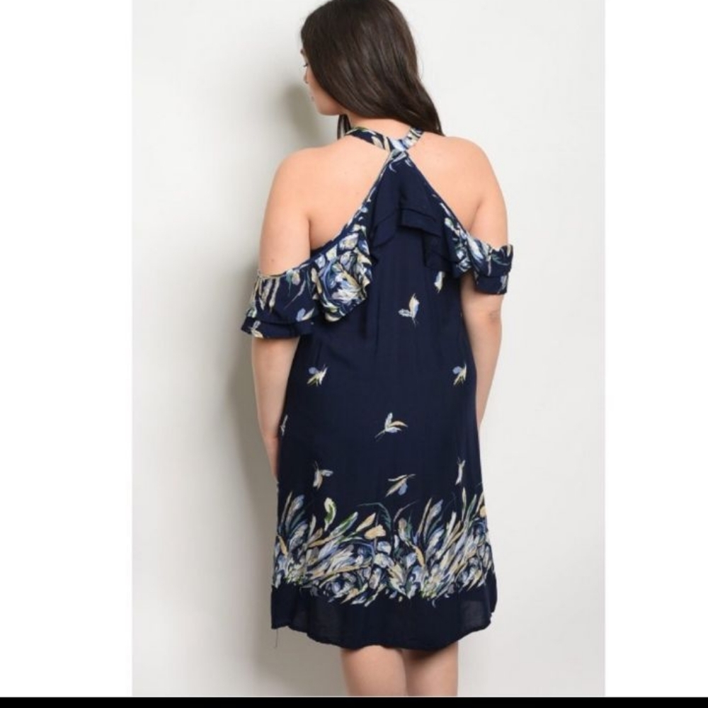 Pretty Navy Floral Off Shoulder Midi Dress - Picture 2 of 5